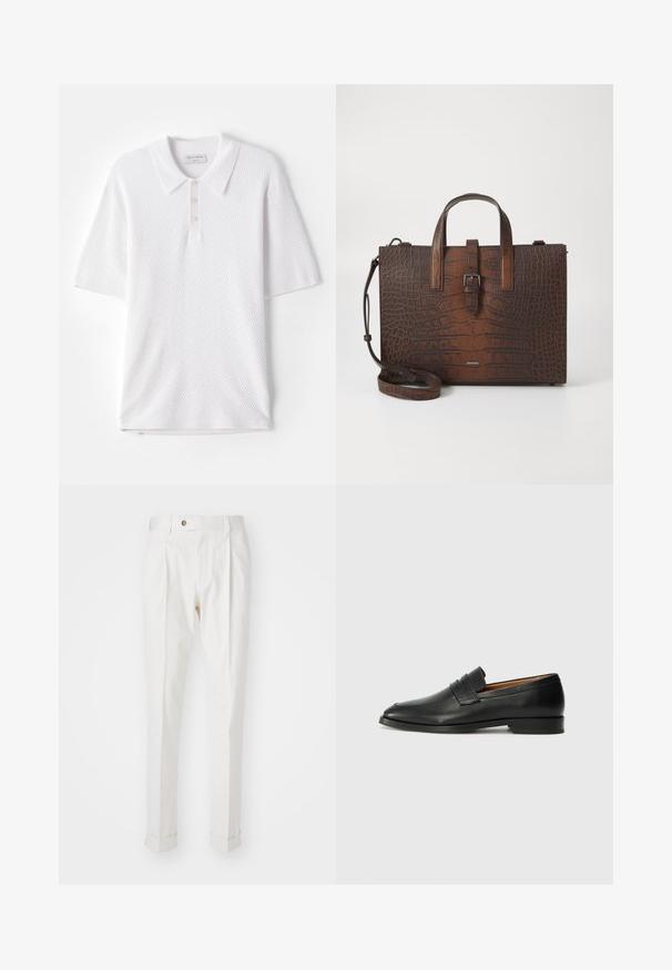 Valkoinen polo-paita, jossa on teksturoitu ribbikangas, kauluskot ja kolme pientä etunapillista. Lyhyet hihat ja suora helma.; Valkoiset, muotoillut housut, joissa on tasainen etuosa, kaksi taitetta ja käärityt lahkeet. Valmistettu sileästä kankaasta, jossa on nappisuljenta vyötäröllä.; Musta nahkainen loafer, jossa on pyöreä kärki, hienovarainen ommelkoristelu ja matala korko, joka on varustettu sileällä pinnalla ja minimalistisella designilla.; Ruskea krokotiilien kuviollinen nahkakäsilaukku, jossa on yläkahvat ja irrotettava olkahihna. Ominaisuuksiin kuuluu solkilukko ja suorakulmainen muoto.