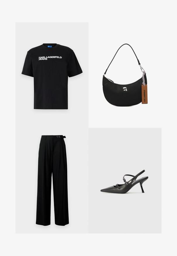 Camiseta de algodón negra con mangas cortas, con "KARL LAGERFELD JEANS" impreso en grandes letras blancas en la parte frontal.; Pantalones de pierna ancha negros con cintura alta, pliegues en la parte delantera y un cinturón con hebilla. Confeccionados con una tela suave y liviana.; Tacones slingback de cuero negro con punta afilada, tacón delgado y detalle decorativo de hebilla en la parte superior. Textura suave y diseño elegante.; Bolso de mano de cuero negro con textura granulada, forma curvada, cierre superior con cremallera, herrajes plateados y una etiqueta marrón. Presenta un acento con el logotipo.