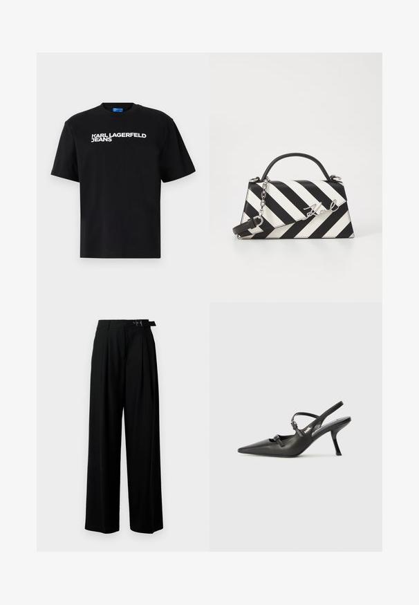 Must musta T-särk lühikeste varrukatega, millel on ees suurtes valgetes tähtedes trükitud "KARL LAGERFELD JEANS".; Mustad kõrge vöökohaga mustad laiad püksid, millel on ees voldid ja vöö, millel on pandla. Valmistatud siledast ja kergest kangast.; Must musta slingback kontsad, terava nina, peenike konts ja dekoratiivne pandla detail peal. Sile tekstuur ja stiilne disain.; Mustriga musta ja valgega käekott, millel on struktureeritud kuju, pehme käepide, eemaldatav ahelriba ja metallist logo aktsent.