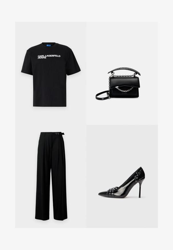 Črna bombažna majica s kratkimi rokavi, na kateri je spredaj v velikih belih črkah napis "KARL LAGERFELD JEANS".; Črne široke hlače z visokim pasom, gubami spredaj in pasom z zaponko. Narejene so iz gladkega, lahkega materiala.; Črne patentirane usnjene stiletto pete z izostrenim nosom, tremi dekorativnimi pasovi s studenci in blagovno znamko "Karl Lagerfeld" na peti.; Črna usnjena torbica s strukturirano zasnovo, poudarki iz verige in ročaji ter teksturirana površina. Ima pokrov z vidno blagovno znamko.