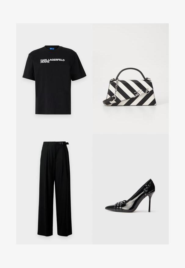 Juoda medvilnės marškinėliai su trumpomis rankovėmis, su dideliu balta spauda "KARL LAGERFELD JEANS" priekyje.; Juodos plačios kojų kelnės su aukštu liemeniu, priekinėmis klostėmis ir diržu su sagtimi. Pagamintos iš lygaus, lengvo audinio.; Juodas blizgus odinis stiletto kulnas su smailiu priekiu, trims dekoratyvinėmis juostelėmis su smaigiais ir "Karl Lagerfeld" ženklu ant kulno.; Juoda ir balta dryžuota rankinė su struktūrizuota forma, turinti viršutinę rankeną, nuimamą grandinėlės dirželį ir metalinį logotipo akcentą.