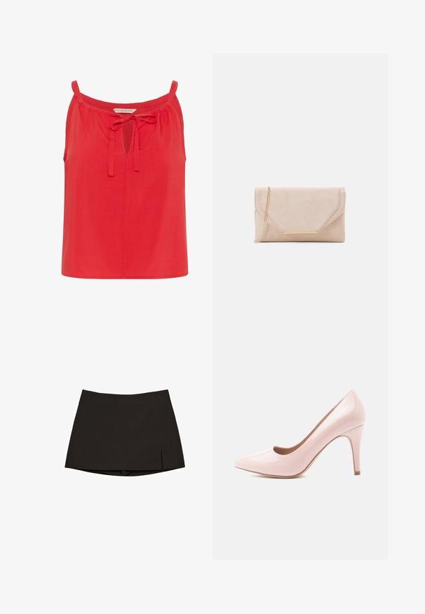 Červený top bez rukávů s klíčovým otvorem a zavázáním na krku. Vyroben z hladkého materiálu, s uvolněným střihem a bez dalších ozdob.; Černá minisukně z hladké látky, s rovný střihem, bočními rozparky a čistým lemem. Jednoduchá a univerzální.; Růžové lakované lodičky na vysokém podpatku s špičatou špičkou a elegantním siluetou, s 10 centimetrů vysokým jehlovým podpatkem a hladkým povrchem.; Beige semišová kabelka s zlatým řetízkem a obdélníkovým kovovým detailem. Obsahuje klopu se sklápěcími okraji a švy.