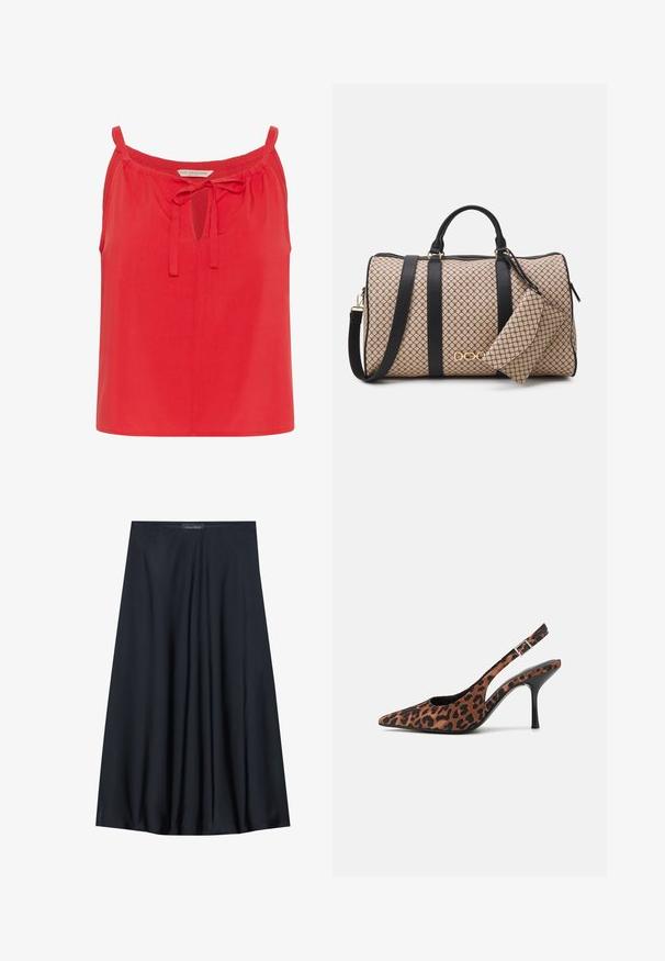 Rode mouwloze top met een sleufopening en een strikdetail bij de hals. Gemaakt van gladde stof met een comfortabele pasvorm en zonder verdere versieringen.; Zwarte, knielange rok van lichtgewicht stof met een vloeiende uitstraling. Kenmerkt zich door een gladde textuur en subtiele plooien voor extra detail.; Slingback hoge hakken met luipaardprint, een spitse neus, zwarte glanzende hak en verstelbare enkelband. Zacht materiaal met een gestructureerde afwerking.; Dufflebag met een beige patroon aan de buitenkant, zwarte leren banden, gouden hardware en een kleine bijpassende pouch die eraan vastzit. Gestructureerd ontwerp.; Gouden rechthoekige polshorloge met een witte wijzerplaat, zilverkleurige uurmarkeringen en een duurzame metalen schakelarmband. Inclusief waterdichte functie.