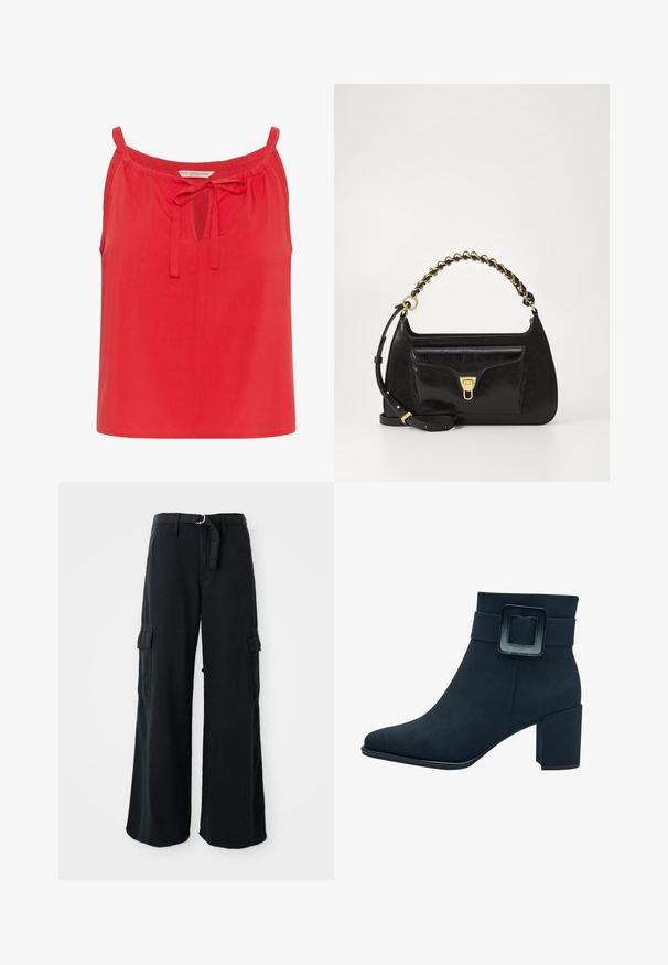 Rotes ärmelloses Oberteil mit einem Schlüsselloch-Ausschnitt und gebundenem Detail am Hals. Hergestellt aus glattem Stoff mit einer lockeren Passform und ohne zusätzliche Verzierungen.; Schwarze, weit geschnittene Cargo-Hosen aus Baumwolle mit einem Bindegürtel, ausgestattet mit zwei Seitentaschen und einer glatten Stoffstruktur.; Schwarze Wildleder-Ankleboots mit eckiger Zehenpartie und breitem Blockabsatz. Verfügt über einen breiten Riemen mit rechteckiger Schnalle.; Schwarze Lederhandtasche mit strukturierter Oberfläche, goldenen Beschlägen, einer Fronttasche und einem mit Kette verzierten Griff. Verstellbarer Schulterriemen enthalten.