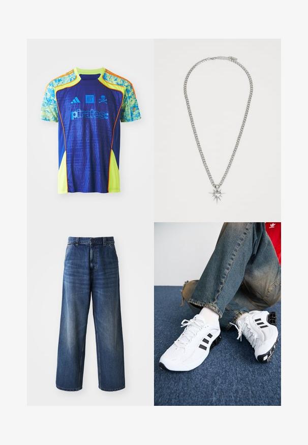 adidas Performance ORLANDO PIRATES X NTS UBP JERSEY - Futbolo marškinėliai - mystery ink/unity orange/bluebird/semi solar yellow; Aukštos talijos mėlynos džinsinės kelnės su plačiomis kojomis, su subtiliu blukimu, priekinėmis kišenėmis ir sagčių uždarymu juosmenyje.; Balti tinkliniai sportiniai bateliai su juodais akcentais, turintys tekstūruotą dizainą ir išskirtinį padas, derinami su mėlynais džinsais.; FAINZ SPIKE HEART CHAIN UNISEX - Grandinėlė - silver-coloured