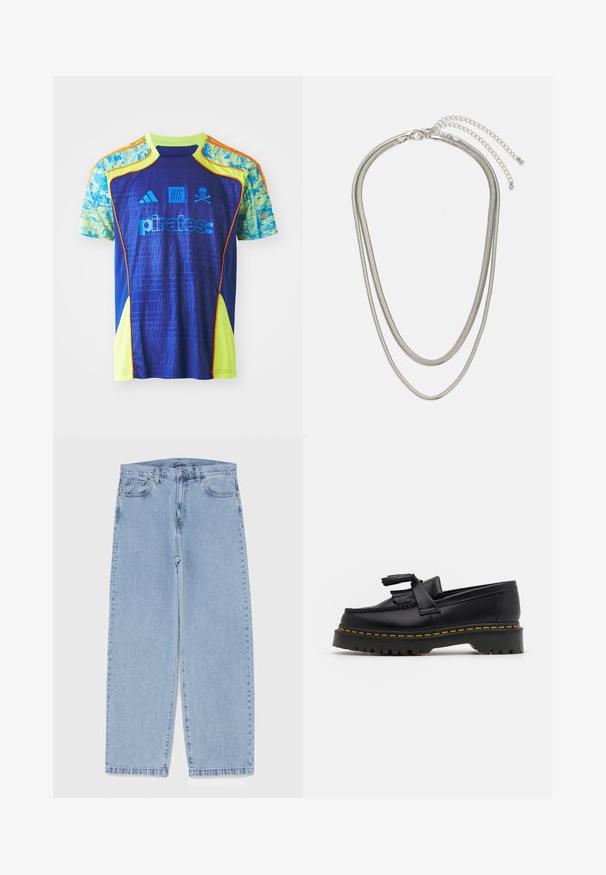 adidas Performance ORLANDO PIRATES X NTS UBP JERSEY - Futballmez - mystery ink/unity orange/bluebird/semi solar yellow; Világoskék farmernadrág egyenes szárú kivitelben, közepes derékkal, öt zsebbel, gombos és cipzáros záródással.; Fekete bőr mokaszin, rojtos díszítéssel, masszív fekete talppal és sárga varrással az élén. Texturált felület.; Háromrétegű ezüstszínű fém nyaklánc, letisztult, rugalmas láncokkal, enyhe fényességgel, homárkapoccsal rögzítve és állítható lánccal.