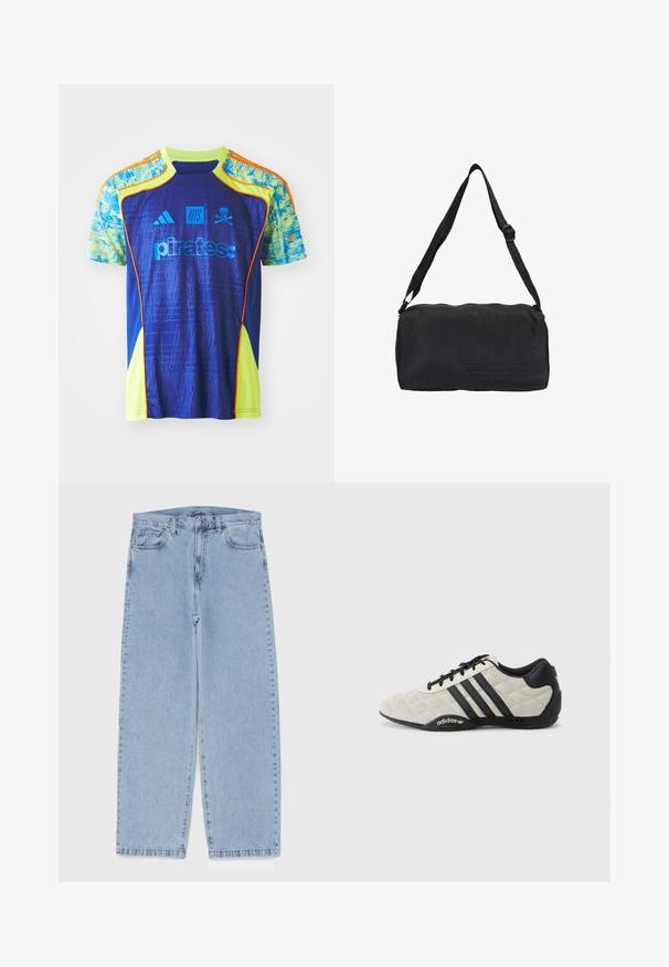 adidas Performance ORLANDO PIRATES X NTS UBP JERSEY - Nogometni dres - mystery ink/unity orange/bluebird/semi solar yellow; Svijetloplave traperice s ravnim nogavicama, srednjeg struka, pet džepova te zatvaranjem na gumb i munju.; Adidas športna obutev s teksturiranim svetlo sivim zgornjim delom in črnimi usnjenimi detajli. Ima črn logo s tremi črtami in oblazinjeno podplatom.; Črna športna torba iz trpežne tkanine, ki vsebuje teksturiran dizajn logotipa, nastavljiv trak in zadrgo. Kompaktna cilindrična oblika.