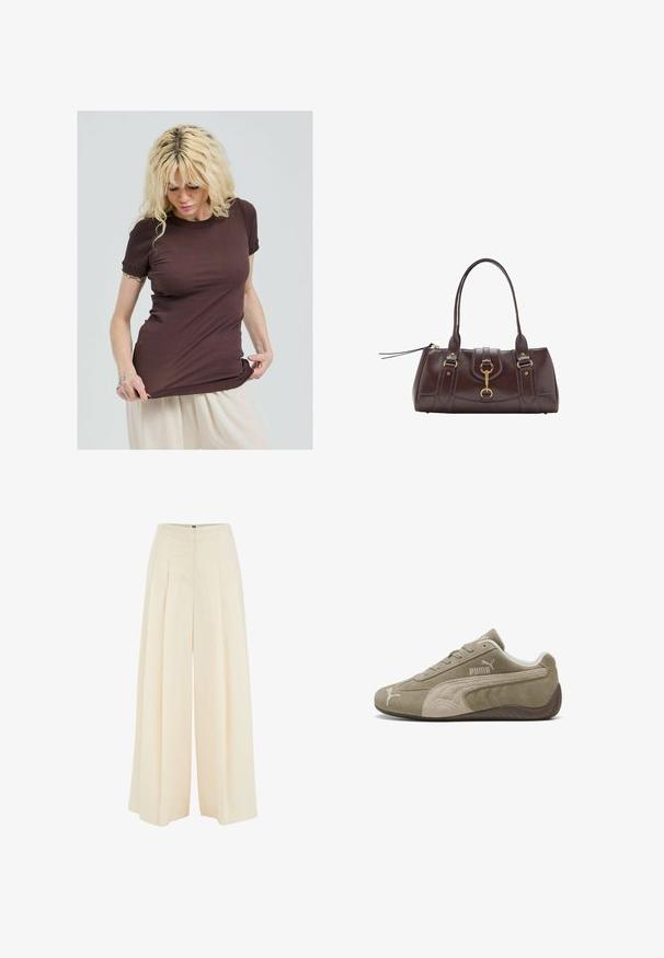 Bruine geribbelde t-shirt met korte mouwen, voorzien van een ronde halslijn en geplooide accenten bij de mouwen. Ontworpen voor een slim fit.; Brede broekspijpen in een lichtbeige stof, met een geplooide voorkant, hoge taille en een zachte textuur. Geen zichtbare hardware of patronen.; Suède sneakers in lichtbruin met donkere accenten, voorzien van een laag profiel ontwerp, vetersluiting en een gemerkte logo aan de zijkant.; Donkerbruine leren handtas met twee bovenhandvatten, vergulde accenten, een sluitingdetail aan de voorkant en gestikte texturen aan de zijkanten.