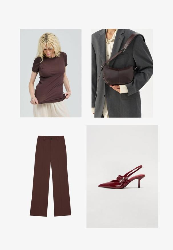 T-shirt marron à côtes avec manches courtes, présentant un col rond et des accents froncés aux manches. Conçu pour un ajustement slim.; Pantalons larges en tissu brun riche. Équipés d'une fermeture à bouton, de deux poches avant, d'une texture lisse et de lignes épurées.; Escarpins slingback en cuir verni rouge avec un bout pointu, deux brides à boucle et un talon aiguette slim de hauteur intermédiaire. Texture lisse.; Sac à épaule en cuir marron avec un design incurvé, doté d'une bandoulière amovible, d'une texture lisse et de détails de couture visibles.