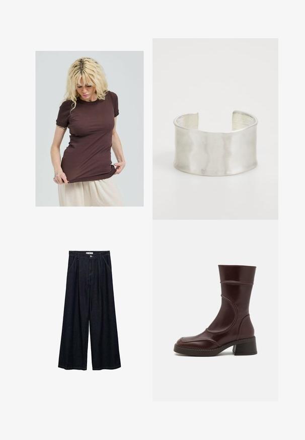 Brązowy prążkowany t-shirt z krótkimi rękawami, z okrągłym dekoltem i marszczonymi akcentami przy rękawach. Zaprojektowany do slim fit.; Ciemnoniebieskie spodnie o szerokich nogawkach z wysokim stanem, z zamknięciem na guzik z przodu, dwoma bocznymi kieszeniami oraz detalami w szwach.; MIISTA MALENE brązowy; Zign - Bransoletka