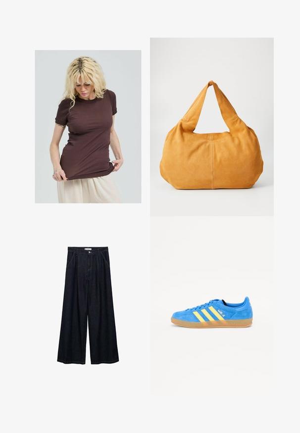 Brun ribbet t-shirt med korte ærmer, der har en rund halsudskæring og samlede detaljer ved ærmerne. Designet til en slim fit.; Mørk denim bredbenede bukser med høj talje, der har en frontlukning med knap, to sidelommer og syningsdetaljer.; Blå ruskindsneakers med gule striber, gummisål og "Gazelle" branding. Runde tå og snørebåndsdesign.; Stor skuldertaske lavet af blØdt sennepsgult ruskind. Har en afrundet form med to brede, forlængede hanke og syninger.