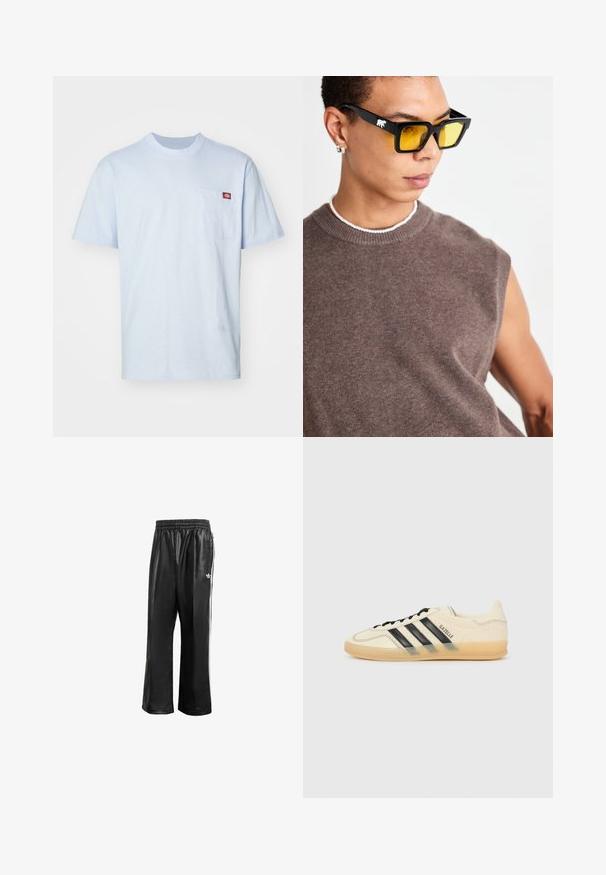 Camiseta de algodón azul claro con mangas cortas, cuello redondo y bolsillo en el pecho izquierdo. Presenta una pequeña etiqueta con el logo en el bolsillo.; Pantalones de chándal sintéticos negros con cinturilla elástica, que presentan rayas laterales blancas y un pequeño logo blanco en la cadera izquierda.; Zapatillas de deporte de color crema claro con diseño de tres rayas negras, parte superior texturizada, punta redonda y suela de goma. Incluye cordones y logotipo en el lateral.; Gafas de sol rectangulares negras con lentes amarillos, llevadas con un suéter sin mangas marrón. Con un logo de oso blanco en el marco.