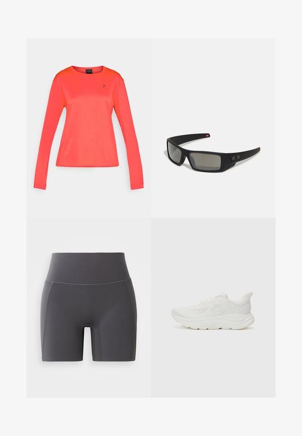 Long-sleeve athletic shirt in bright coral, textured fabric, crew neck, with small black logo on the chest, fitted silhouette.; Gray athletic shorts with a high waistband, made from smooth, stretchy fabric. Features flatlock seams and a fitted design.; White running shoe with a textured mesh upper, padded collar, thick midsole, and rubber outsole. Features logo detail on the side.; Black sunglasses with a matte finish, rectangular lenses, slight curve on temples, subtle logo detail, and smoke-tinted lenses.