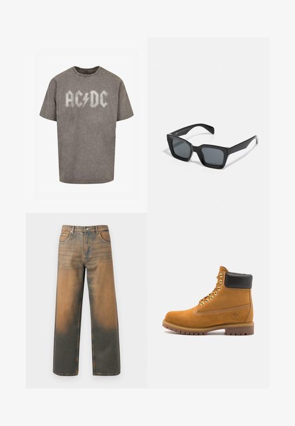 Pilkas per didelis T-marškiniai, pagaminti iš medvilnės, su išblukusia, nusidėvėjusia tekstūra. Puošia ryškus AC/DC logotipas kontrastinga šviesia spalva.; Plati kojinės džinsai su nusidėvėjusia mėlyna ir ruda džinsinio audinio spalva. Yra aukštas liemuo, priekinės kišenės ir klasikinis sagų uždarymas su metaliniais akcentais.; Tan spalvą turintys suknelės batus iki kulkšnies su juodu paminkštintu apvadu, auksiniais metaliniais akių užsegimais, baltais siūlų dekoratyviniais elementais ir tvirtu guminiu padu su ryškiai išreikštais raštais.; Juodos stačiakampės saulės akiniai su tamsiais lęšiais. Plastikinis rėmas su blizgiu paviršiumi, turintis plačią tiltelio dalį ir šiek tiek siaurėjančius šonus.