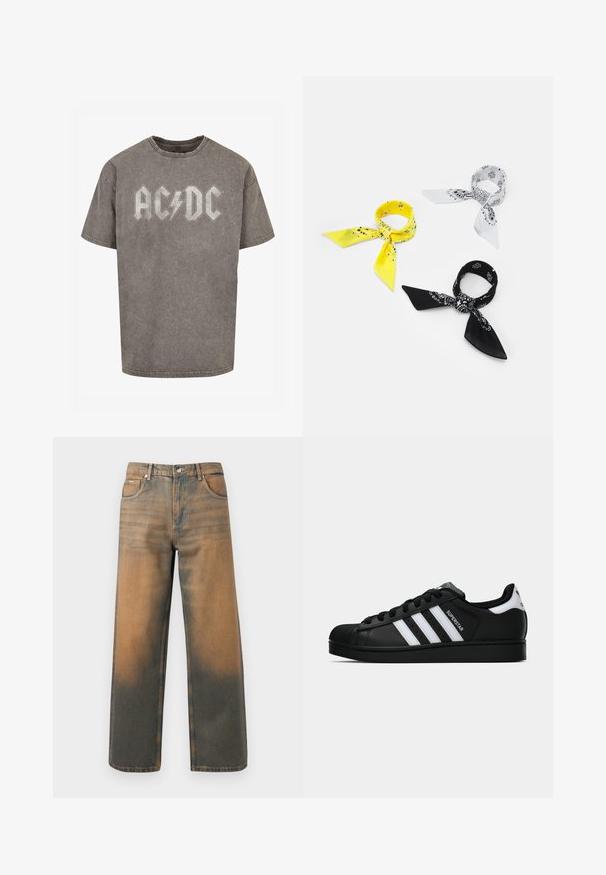 Pelēka brīvā stila t-krekls, izgatavots no kokvilnas ar izbalējušu, nolietotu tekstūru. Iespēro celi spēcīgu AC/DC logo kontrastējošā gaisā krāsā.; Platas kāju džinsi novecojušajā zilā un brūnā denimā. Ievērojams augsts viduklis, priekšējās kabatas un klasiskā pogu aizdare ar metāliskām akcentiem.; Melnas Adidas Superstar kedas ar baltām svītrām, čaulas purngalu un uzrakstu "Superstar" sānos, parādītas sānskatā uz baltā fona.; Trīs bandanas: viena dzeltena ar melniem rakstiem, viena balta ar melniem dizainiem un viena melna ar baltiem attēliem. Visi ir kvadrāti, viegli audumi.