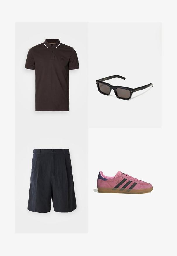Polo castanho escuro feito de algodão, com colarinho clássico, dois botões e detalhes brancos no colarinho e nas mangas. Pequeno logotipo no peito.; Weekday LOOSE SUIT - Calções - black; Sapatilha de camurça rosa com riscas pretas, sola de borracha, e calcanhar texturizado roxo. Apresenta um design de atacadores e uma marcação em relevo na lateral.; Óculos de sol retangulares pretos com lentes escuras, armação de plástico espesso, detalhes em dourado nas hastes e logotipo da marca gravado na lateral.