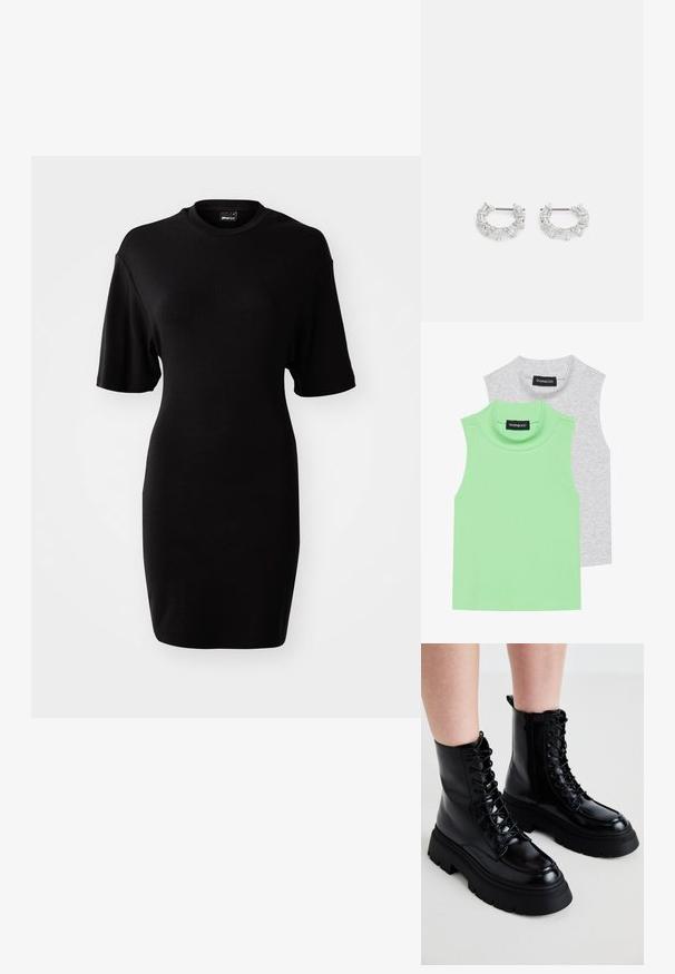 Kaksi hihattomaa poolopaitaa: yksi vaaleanvihreä ribbikangas ja toinen harmaa, suoran leikkauksen ja pehmeän, sileän tekstuurin omaava.; Musta, lyhythihainen mekko, joka on valmistettu pehmeästä kankaasta. Siinä on pyöreä kaula-aukko ja vartaloa myötäilevä malli, joka ulottuu polveen asti.; Mustat nahka nilkkurit, joissa on paksu pohja, nauhakiinnitys edessä ja sivuvetoketju; sisältää sileän pinnan ja kohotetun varvaskannan.; Hopeat renkaat, joissa on läpinäkyviä suorakulmio- ja kolmiomuotoisia kiteitä, jotka on järjestetty kuvioituna. Korkealaatuiset kiinnityspisteet turvallista kiinnittämistä varten.