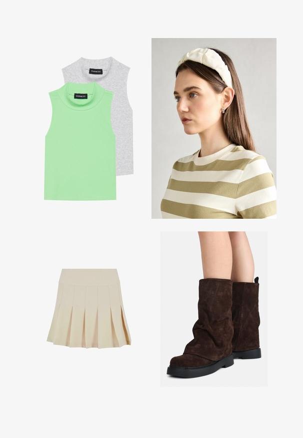 Kaksi hihattomaa poolopaitaa: yksi vaaleanvihreä ribbikangas ja toinen harmaa, suoran leikkauksen ja pehmeän, sileän tekstuurin omaava.; Beige hame plisat dengan pinggang yang pas, terbuat dari fabric yang halus. Memiliki beberapa plis vertikal dan hem yang lurus.; Brown suede saapaat keskimittaisilla varrella, mustilla kumipohjilla, käytettyinä paljailla jaloilla, joissa on havaittavissa kevyitä ryppyjä saappaiden varrella.; Kermainen pehmustettu pääpanta, jossa on kiertävä muotoilu, yhdistettynä beige-valkoraidalliseen puseroon, jossa on pyöreä pääntie. Huomaamaton koruasu.