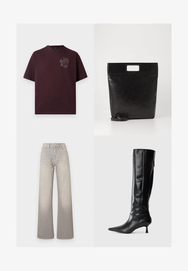 Burgundy cotton t-shirt with short sleeves, round neckline, and a subtle graphic logo in darker shade on the left chest.; Gray wide-leg jeans with a faded finish, button closure, five-pocket design, and stitched detailing along the seams.; Black leather knee-high boot with a pointed toe and slim curved heel. Smooth texture, fitted design, and no visible hardware or patterns.; Black leather tote bag with a square handle, featuring a textured finish and embossed logo. Includes a detachable strap.
