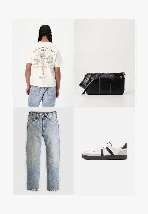 Kremfarget t-skjorte med korte ermer, prydet med et grønt og blått blad-design på baksiden, med rød tekst som leser "BREZL Del MATTINO" over det.; Lys blå denim jeans med høy midje, frontknapp, glidelås og fem-lommers design, lagt flatt på en nøytral bakgrunn.; Hvite sneakers med svarte og grå detaljer, med en teksturert grå tåhette, svart gummisåle, og flate hvite lisser. Rent design, minimalistisk stil.; Svart lær skulderveske med glidelås, med teksturert overflate, hvite sømmer og en stropp med sølvringer.