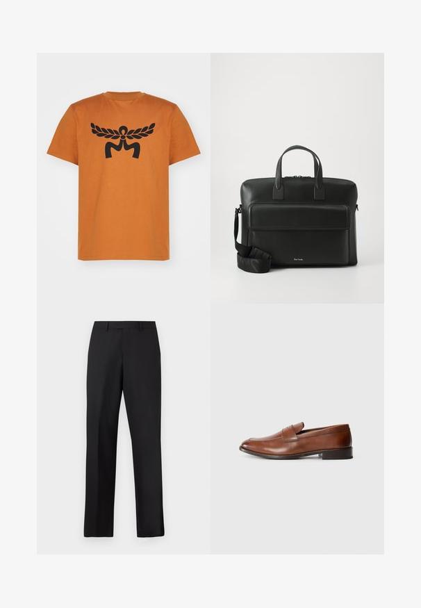 Narancssárga pamut póló, amelynek elülső részén egy nagy fekete grafikával rendelkező absztrakt figura szárnyakkal látható. Rövid ujjak, környakú szabás.; Fekete, egyenes szárú nadrág sima anyagból. Standard derékpánttal rendelkezik, és nincsenek látható minták vagy díszítések.; Barna bőr loaferek lekerekített orral, minimális varrással és alacsony blokk sarkú kialakítással. Díszítő pánt található a felsőrészen.; Fekete bőr aktatáska kettős felső fogantyúkkal, elülső zsebbel és levehető pánttal, az alján diszkrét logóval.