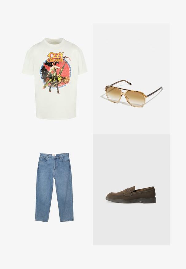 Weißes Baumwoll-T-Shirt mit einem bunten Grafikdruck einer Frau und einem Wesen, versehen mit dem Text "Ozzy Osbourne" in fetten, stilisierten Buchstaben.; Hellblaue Denim-Jeans mit geradem Schnitt, Fünf-Taschen-Design und einem sichtbaren Markenlabel am Bund.; Braunes Wildleder-Loafer mit runder Kappe, einem Riemen über dem Spann und einer flachen Gummisohle. Einfaches Design mit klaren Linien und minimalen Details.; Sonnenbrille im Schildpatt-Design mit rechteckigem Rahmen, braunem Verlaufsglas und schlanken schwarzen Bügeln mit dezenten Logo-Akzenten.