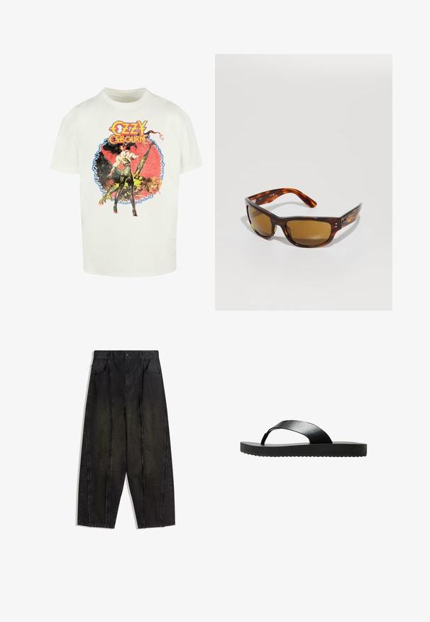 Valkoinen puuvillapaita, jossa on värikäs graafinen printti naisesta ja olennosta, sekä teksti "Ozzy Osbourne" paksuilla, tyylitetyillä kirjaimilla.; Mustat leveälahkeiset farkut, joissa on näkyvät saumat ja rispaantuneet reunat. Niissä on kaksi etutaskua ja korkea vyötärö.; Musta flip-flop sandaali litteällä pohjalla, valmistettu kiiltävästä materiaalista. Ominaisuuksiin kuuluu minimalistinen muotoilu, jossa on yksittäinen hihna ja teksturoitu alapuoli.; Kamehameha muovisateeliset aurinkolasit ruskeilla linsseillä. Tyylikäs suorakulmainen kehys, sileä pinta, huomaamaton brändäys sivussa ja kaarevat varret mukavuutta varten.