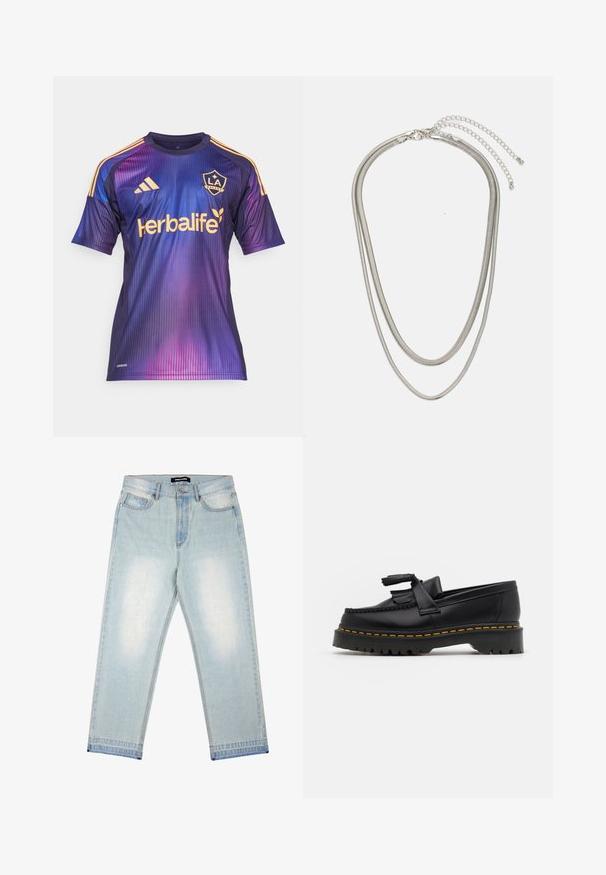 Lila és kék gradiensekkel ellátott focimez, függőleges csíkokkal, arany kiegészítőkkel, logóval és a szponzor szövegével, ellentétes színben.; Pegador BARROW - Bő szabású farmernadrág - sand washed blue; Fekete bőr mokaszin, rojtos díszítéssel, masszív fekete talppal és sárga varrással az élén. Texturált felület.; Háromrétegű ezüstszínű fém nyaklánc, letisztult, rugalmas láncokkal, enyhe fényességgel, homárkapoccsal rögzítve és állítható lánccal.