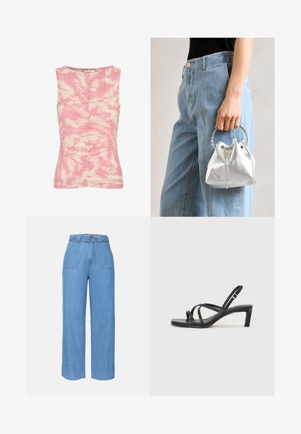 Débardeur sans manches rose et crème avec un motif tie-dye, texture froncée sur le devant et un col rond.; Pantalons à jambes larges en denim bleu clair avec une taille ceinturée, deux poches avant et une texture unie. Présente un design minimaliste et des lignes épurées.; Sandale noire à lanières avec un bout carré et un petit talon bloc. Elle présente plusieurs fines lanières et une sangle de cheville ajustable. Fabriquée en cuir lisse.; Sac en seau argent métallique avec une finition texturée, orné d'une poignée ronde en argent et d'une fermeture à cordon, tenu contre un jean bleu clair.