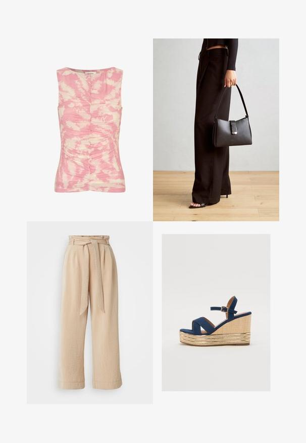 Débardeur sans manches rose et crème avec un motif tie-dye, texture froncée sur le devant et un col rond.; Pantalons beige à jambe large avec une taille ceinturée, fabriqués en tissu texturé. Présente un pli avant et une finition lisse le long de l'ourlet.; Sandale compensée bleu marine avec des brides croisées, une plateforme en fibre naturelle texturée, et un accent métallique doré à la base.; Sac à main noir à la forme structurée, texture lisse et fermoir métallique. Associé à un pantalon noir ample et des sandales ouvertes sur un sol en bois.