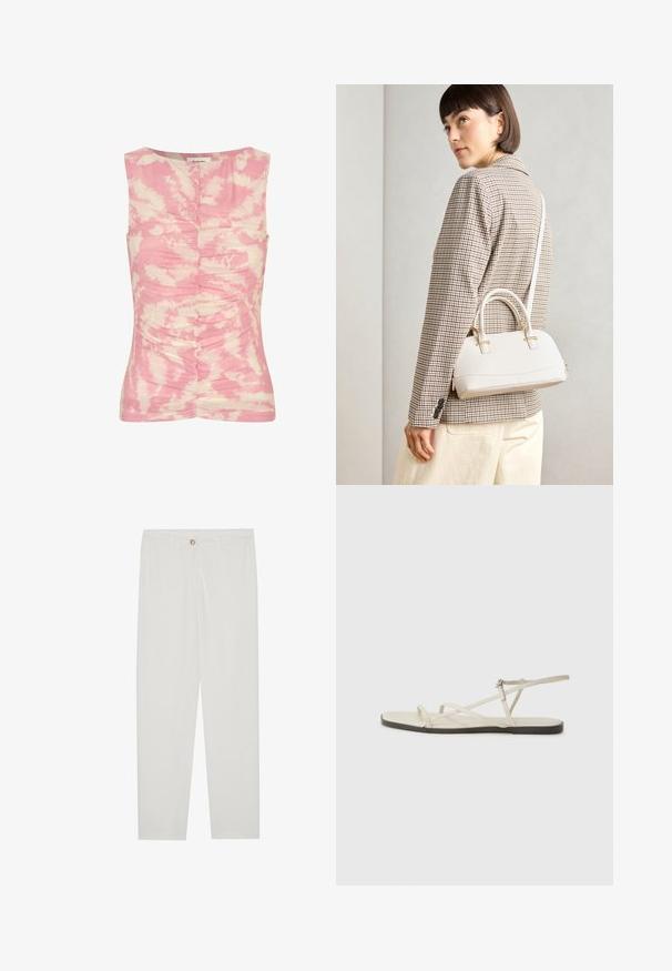 Pink and cream sleeveless top featuring a tie-dye pattern, gathered texture down the front, and a round neckline.; White, tailored trousers with a straight leg design, featuring a button closure, belt loops, and side pockets; smooth fabric texture.; Beige flat sandal with multiple slender straps and an adjustable buckle. The sole is flat with a slight dark contrast at the edge.; White structured handbag with short handles and a shoulder strap, featuring gold hardware accents and textured material, displayed against a grey background.