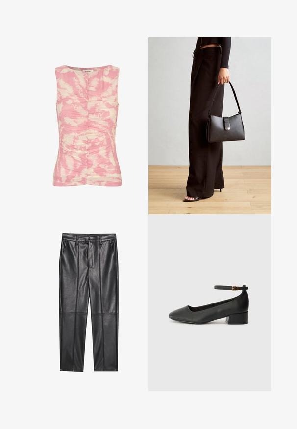 Ružičasta i kremaste bezrukavna majica s uzorkom tie-dye, nabranom teksturom sprijeda i okruglim izrezom.; Crne kožne hlače s glatkom teksturom, ravnog kroja, s dva prednja džepa i vidljivim šavovima.; Crne kožne pumpe s oštrim vrhom i niskom blok petom. Sadrže remen oko gležnja s zlatnim kopčanjem. Glatka tekstura.; Crna torba s oblikom koji sadrži strukturu, glađu teksturu i metalnu kopču. Uparena s širokim crnim hlačama i sandalama na otvorenom s drvenog poda.