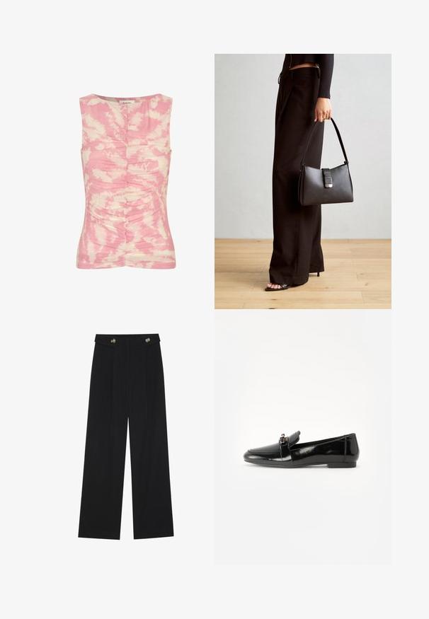 Růžový a smetanový bezrukávový top se vzorem tie-dye, shromážděnou strukturou vpředu a kulatým výstřihem.; Černé široké kalhoty s vysokým pasem, detailní knoflíky na pase a přední záhyby.; Černé lakované mokasíny s plochou podrážkou, zaoblenou špičkou a ozdobným páskem se zlatým akcentem. Hladký, lesklý povrch.; Černá kabelka se strukturovaným tvarem, hladkým povrchem a kovovým uzávěrem. Kombinována s širokými černými kalhotami a sandály s otevřenou špičkou na dřevěné podlaze.