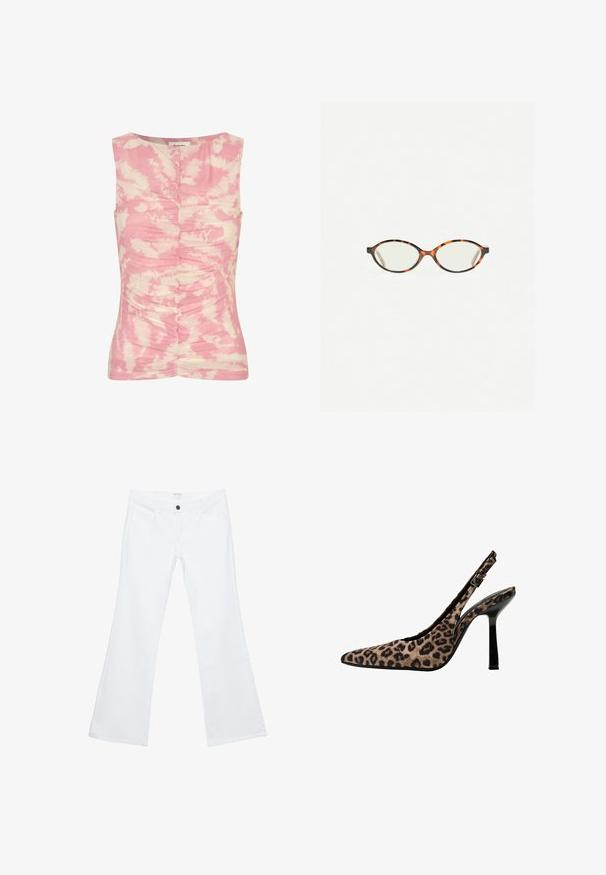 Débardeur sans manches rose et crème avec un motif tie-dye, texture froncée sur le devant et un col rond.; Jean blanc évasé en denim, avec un devant plat et des coutures distinctes, deux poches avant et un bouton noir unique à la taille.; Escarpins à bride arrière en imprimé léopard avec un bout pointu, des accents en vernis noir, un talon haut fin et une sangle réglable. Matériau synthétique.; Lunettes en écaille de tortue avec des verres ovales et une finition lisse et élégante. Présente des branches fines avec une courbure subtile au niveau des tempes. Verres transparents.