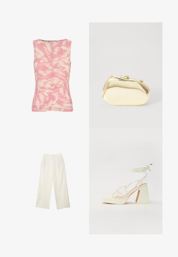 Ärmelloses Top in Pink und Creme mit einem Batikmuster, gerafftem Textil im Vorderbereich und einem runden Halsausschnitt.; Helle Stoffhose mit weitem Bein und glatter Textur, ausgestattet mit einem einzelnen Knopf vorne, dezenten Falten und einem Hochbund-Design.; Weiße High-Heel-Sandale mit einem klobigen Absatz, die über ein Riemchendesign und ein Knöchelband verfügt. Glatte Textur mit einer Plattform vorne für zusätzliche Höhe.; Metallisch goldene Clutch mit einer glatten, abgerundeten Form, ausgestattet mit einem oberen Druckknopfverschluss und einem kleinen Kettenriemen zum Tragen.