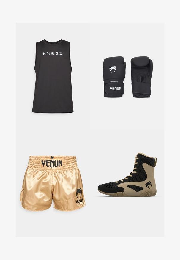 Top atletico senza maniche di colore nero con la scritta "HYROX" in lettere bianche sul petto. Tessuto liscio, scollatura rotonda e vestibilità regolare.; Pantaloni da boxe in satin dorato con logo "VENUM" nero in vita e sui lati, caratterizzati da una texture liscia e una cintura elastica per il comfort.; Scarpa sportiva alta con esterno in rete nera e dettagli color beige. Suola in gomma testurizzata e logo sul lato.; Guanti da boxe neri con una superficie liscia, caratterizzati da un logo bianco di Venom e una fascia regolabile con velcro per una calzata sicura.