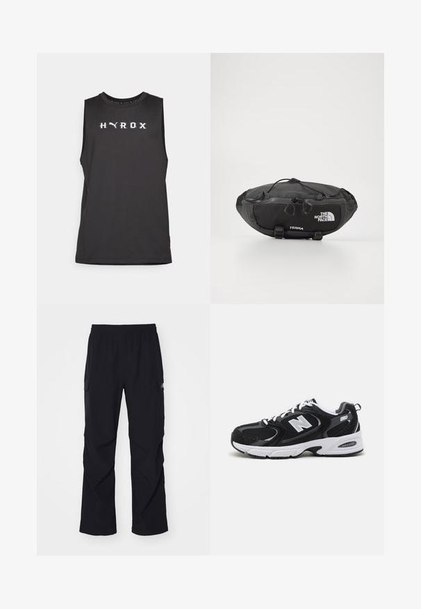 Svart ärmlös träningslinne med "HYROX" i vit text tvärs över bröstet. Slät tyg, rundad halsringning och normal passform.; Svarta cargobyxor i lätt material, med elastisk midja, sidofickor och rak bendesign.; Svarta och gråa träningsskor med ovandel i mesh och mocka, med en vit mellansula, snörning och en djärv "N"-logotyp på sidan.; The North Face TERRA LUMBAR 3L UNISEX - Bältesväska - asphalt grey/black