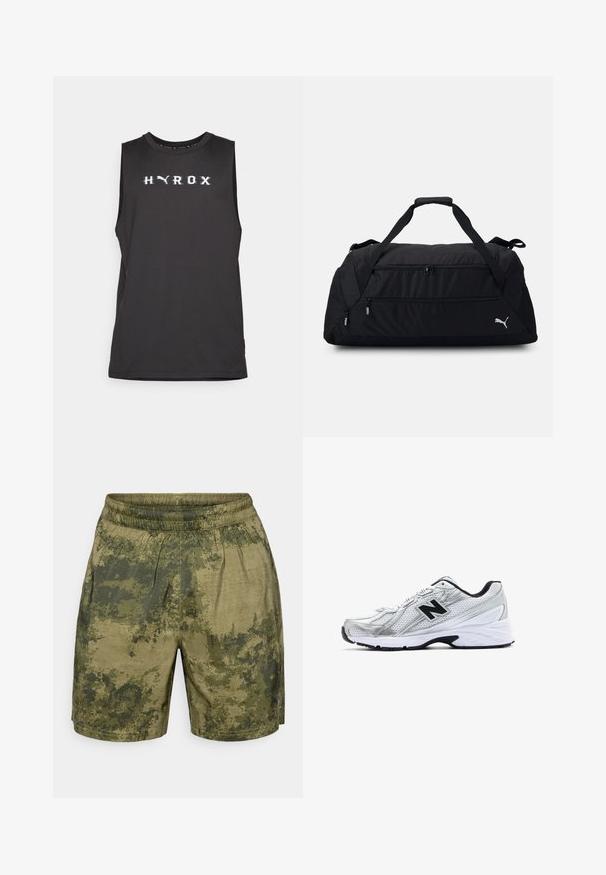 Black sleeveless athletic top with "HYROX" in white lettering across the chest. Smooth fabric, crew neckline, and regular fit.; Camouflage-patterned shorts in shades of green, crafted from lightweight fabric with an elastic waistband and a relaxed fit.; Silver athletic shoe with mesh material, black accents, perforated design, and a cushioned white sole. Features a prominent 'N' logo.; Black duffel bag made of durable fabric, featuring dual zip compartments, padded handles, and a white Puma logo on the side.