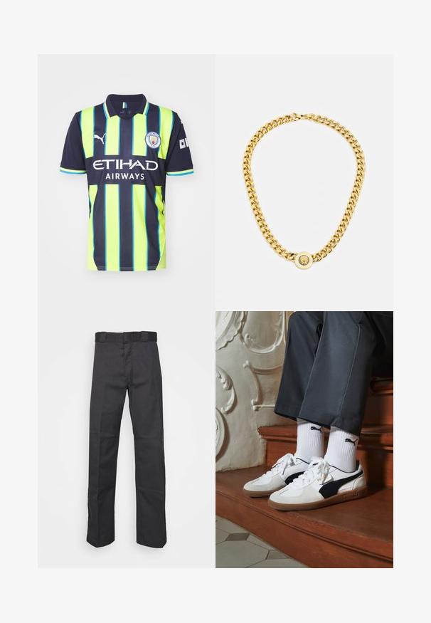 Mėlynas ir neoninės geltonos spalvos dryžuotas futbolo marškinėliai su apykakle, pristatantys Puma logotipą ir "ETIHAD AIRWAYS" užrašą priekyje.; Juodos kelnės, pagamintos iš patvarios medžiagos, su tiesiais kaire, juosmeniu su diržo kilpomis ir siūlėmis, suteikiančiomis tekstūrą.; Puma sportbačiai baltoje ir juodoje zomšo spalvų derinys, su rudu guminio pado apdaila. Derinama su baltais kojiniais, kuriuose pavaizduota juoda logotipas, dėvimi su tamsiomis kelnėmis.; Auksinė grandinė su dideliais susijungusiais žiedais, centruje uždedamas apskritas pakabukas su iškilnia emblema.
