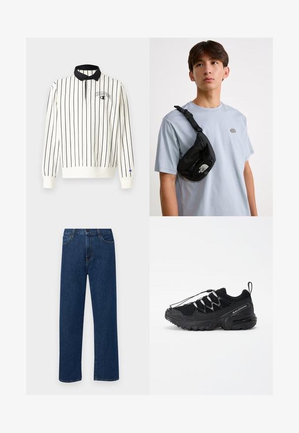 Balta ilga rankovė polo marškinėliai su juodomis vertikaliomis juostelėmis, tvirtu juodu apykakliu ir mažu "Champion" logotipu kairėje krūtinės pusėje. Pritvirtintos rankovės.; Tamsiai mėlynos tiesaus žandikaulio džinsai su priekinėmis kišenėmis ir mygtuko uždarymu, rodantys ant paprasto balto fono.; Juodos bėgimo bateliai su tinkline viršutine dalimi, atspindinčiomis detalėmis ir elastinėmis raištelėmis. Savybės: tvirtas padas su sukibimo raštais stabilumui.; Juodas nailoninis per petį dėklas su reguliuojamu dirželiu, išryškintu baltu logotipu. Nešiojamas ant šviesiai mėlynos marškinėlių. Paprastas, funkcionalus dizainas.