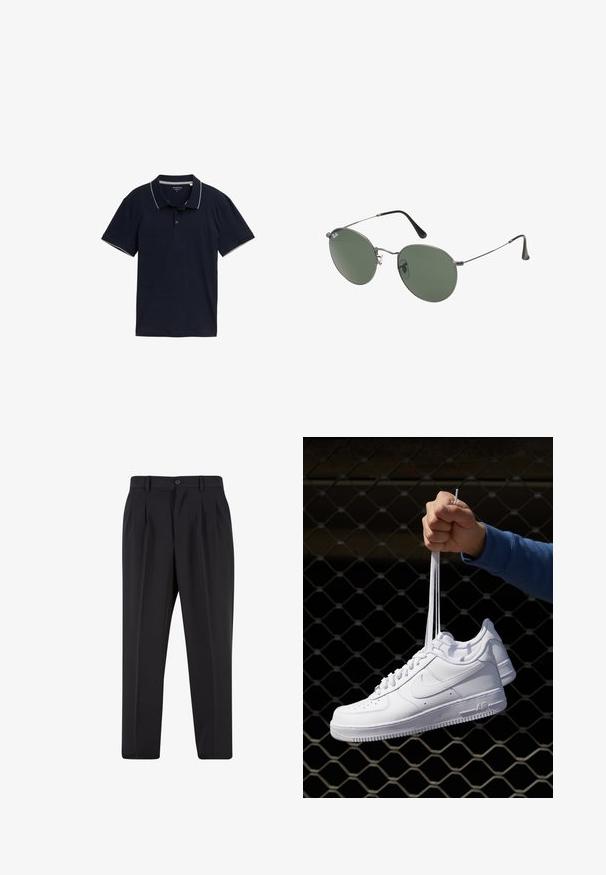 T-paita tummansinisestä puuvillasta, jossa on klassinen kaulus, kolmen napin napitus ja vaaleanharmaat yksityiskohdat kauluksessa ja hihoissa.; Mustat housut, joissa on laskostettu etuosa, valmistettu sileästä kankaasta. Varustettu nappikiinnityksellä ja vyölenkeillä; suora lahje.; Valkoiset nahkasneakersit, joissa on rei'ityksiä, pyöreä kärki, tasapohja ja paksut nauhat, joissa on näkyvä swoosh-logo ja "AIR" kantapäässä.; Aurinkolasit metallikehyksillä, joissa on soikeat vihreät linssit. Ohut hopeinen metallikehys ja mustat korvapehmusteet. Minimalistinen muotoilu, ei näkyviä logoja.