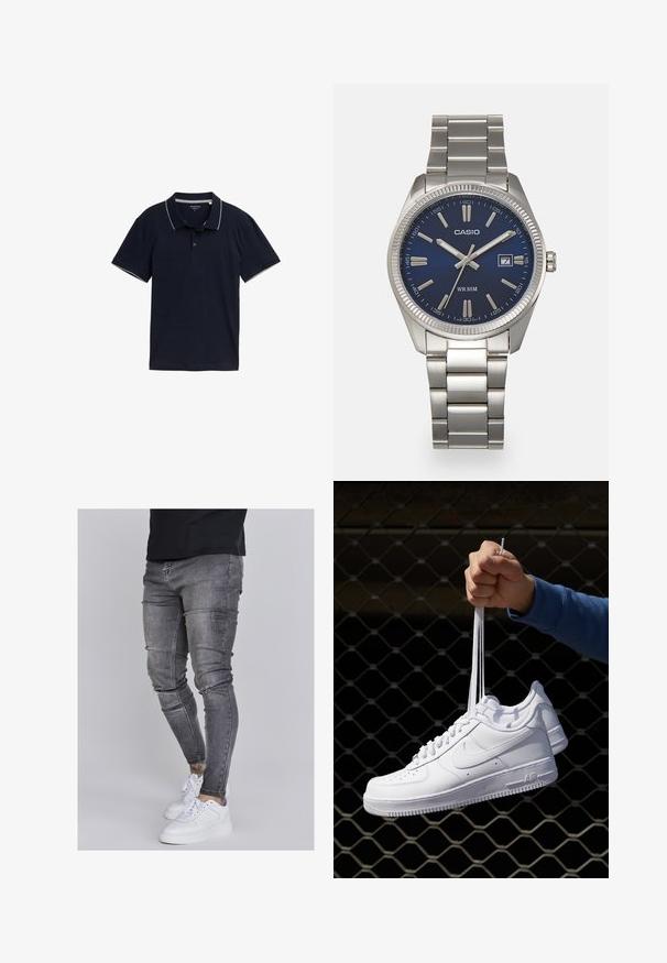 Donkerblauwe polo shirt van katoen, met een klassieke kraag, een drie-knopen placket en contrasterende lichtgrijze afwerking op de kraag en mouwen.; Skinny jeans in vervaagd grijs denim, met versleten details op de knieën, gecombineerd met witte sneakers. Gladde textuur, slank model.; Witte leren sneakers met perforaties, ronde neus, vlakke zool en dikke veters, met een zichtbare swoosh-logo en "AIR" op de hiel.; Zilveren roestvrijstalen horloge met een marineblauwe wijzerplaat, metalen uurmarkeringen en een datumnis op 3 uur. Waterbestendig tot 50 meter.