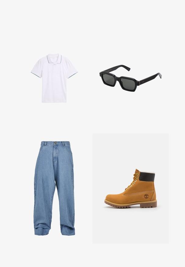Polo blanco de algodón, con un cuello clásico, mangas cortas y ribetes en azul marino en el cuello y los bordes de las mangas.; Pantalones de mezclilla en azul claro con un corte holgado, cierre de botón, bolsillos frontales y dobladillo con puño, que cuentan con un diseño clásico de cinco bolsillos.; Botín de cuero marrón con ojales de metal, forro de piel sintética blanca, cuello acolchado negro, suela resistente y logotipo en relieve en el costado.; Gafas de sol negras, con forma cuadrada y lentes grises. Las gruesas monturas de plástico presentan detalles en dorado y la marca en la patilla. Textura suave.