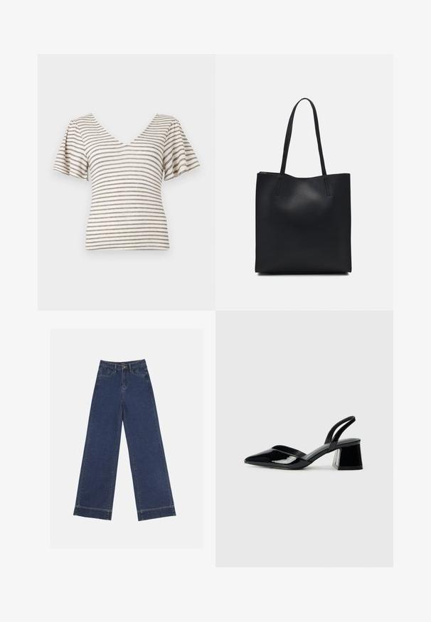 Stripet kortermet topp i off-white med marineblå og grå striper. Har V-hals og puffede ermer, laget av lett stoff.; Videbenede dressbukser i mørkeblå denim. Har fem lommer, beltestropper og en rå kant i bunden med synlige stikninger.; Svarte patentlær slingback hæler med spiss tå og geometrisk blokk hæl. Har et stilrent, minimalistisk design og jevn tekstur.; Svart lær tote bag med glatt tekstur, rektangulær form og to lange håndtak. Ingen synlige deler eller dekorasjoner.