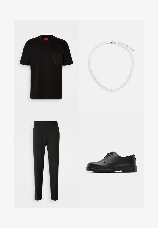 Musthave musta lühikese varrukaga T-särk, mis on valmistatud puuvillast, millel on tekstuuriga must tasku logo detailiga ja ümar kaelus.; Mustad püksid siledast kangast, sirgete jalgadega, nupuvõtme sulgemisega ja klassikaline disain, sobiv nii ametlikeks kui ka igapäevasteks kandmiseks.; Mustad musta nahast oksfordi king, millel on paeltega disain, ümar nina, lame kummist tallal ja diskreetne õmblemise detail ülemise osa ääres.; Valge pärlkaelakee, millel on ühtlane ümar kuju, sile pind ja metallist kinnitusbüts koos pikendusahelaga reguleeritava pikkuse jaoks.