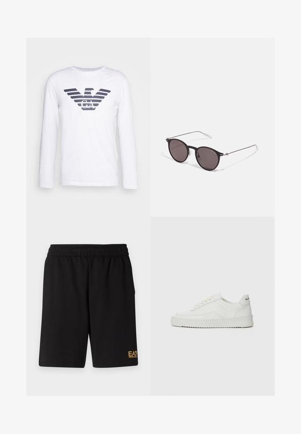Balta ilgomis rankovėmis marškinėliai su tamsiai mėlynos spalvos dryžuotu erelio logotipu, kurio centre yra "GA". Pagaminta iš švelnios, glotnios medvilnės medžiagos.; Juoda sportinė šortai, pagaminti iš minkštos medžiagos, su elastingu diržu ir maža geltona EA7 logo apatinėje kairėje kojoje.; Balti odiniai sportiniai bateliai su lygia apdaila, apvaliu pirštu, plokščiais raišteliais ir tekstūruotu padu. Pasižymi subtiliu logotipu ant kulno.; Juodos apvalios saulės akinių su tamsiais lęšiais ir plonomis metalinėmis šakomis. Įtraukti skaidrūs šventyklų galai ir sidabriniai akcentai vyrio srityje. Minimalistinis dizainas.
