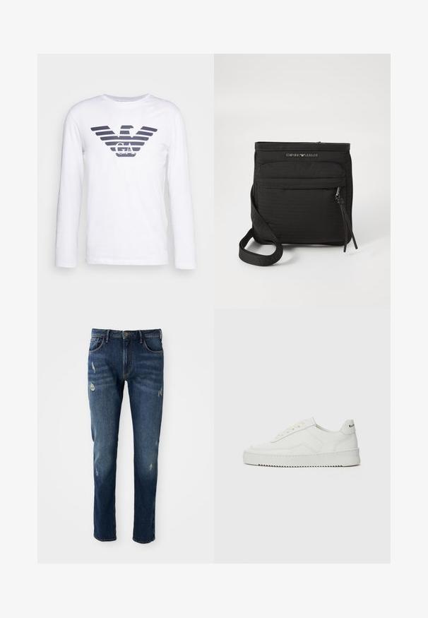 White long-sleeve t-shirt featuring a dark blue striped eagle logo with "GA" in the center. Made from soft, smooth cotton material.; Dark blue denim jeans with slim fit, slight distressing on thighs and knees, classic five-pocket design, and button closure.; White leather sneaker with a smooth finish, round toe, flat laces, and a textured sole. Features a subtle logo on the heel.; Black Emporio Armani crossbody bag with front zipper pocket, adjustable strap, and logo detail on textured fabric.