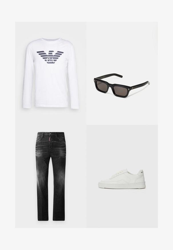 Vit långärmad t-shirt med en mörkblå randig örnlogotyp med "GA" i mitten. Tillverkad av mjukt och glatt bomullsmaterial.; Svarta denimjeans med rak passform. Har blekta områden, mindre slitningar, klassisk femficksdesign och knäppning med knapp.; Vita lädersneakers med en jämn yta, rund tå, platta snörningar och en strukturerad sula. Har en diskret logotyp på hälen.; Svarta rektangulära solglasögon med mörka linser, tjock plastbåge, guldfinish på skalmarna och varumärkeslogotyp graverad på armen.