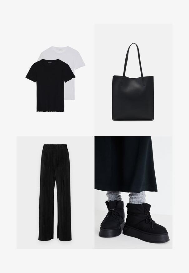 Even&Odd 2 PACK - Pamata T-krekls - black/white; Melni plīšu bikses ar elastīgu jostu. Tām ir platākas kājas un gluda, teksturēta auduma ar vertikālām svītrām.; Melni pūkaini potītes ar plakanu zoli, auklām un izteiksmīgu šuvumu. Apvienoti ar pelēkiem ribotajiem zeķēm, kas izspraucās ārā, valkāti ar tumšu svārku.; Melnas ādas somiņa ar gludu tekstūru, taisnstūra formu un divām garām rokturiem. Nav redzamu aparatūras vai rotājumu.