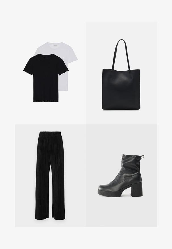 Even&Odd 2 PACK - T-shirt basic - black/white; Pantaloni neri a plissé con vita elasticizzata. Presentano gamba ampia e un tessuto liscio e texture con strisce verticali.; Stivali neri alla caviglia in pelle liscia, con zip laterale, tacco spesso e texture, e punta arrotondata.; Borsa tote in pelle nera con texture liscia, forma rettangolare e due manici lunghi. Nessun hardware o decorazione visibile.